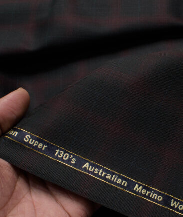 Zaccari Men's 45% Wool Super 130's Checks  Unstitched Suiting Fabric (Black & Maroon)