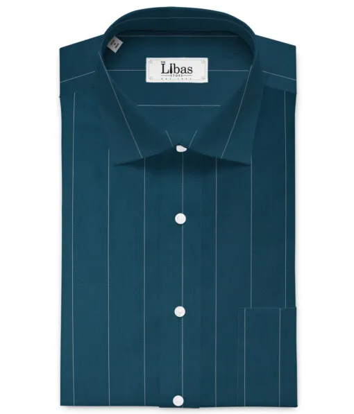 Montivora Men's Giza Cotton Striped  Unstitched Shirting Fabric (Dark Teal Blue)