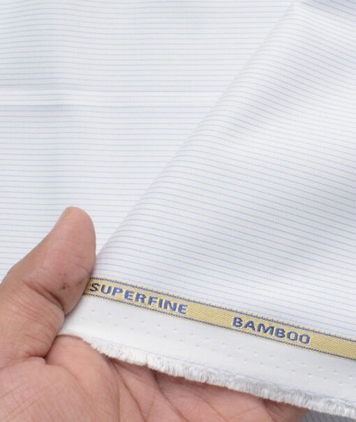 Cadini Men's Bamboo Micro Striped  Unstitched Shirting Fabric (White & Blue)