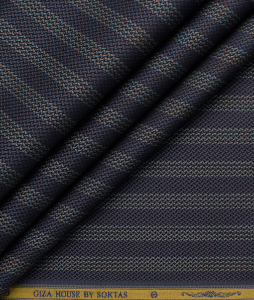 Soktas Men's 80's Giza Cotton Striped  Unstitched Shirting Fabric (Dark Blueish Grey)