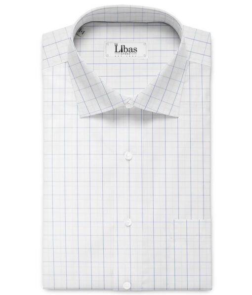 Cotton Fusion Men's Poly Cotton Checks  Unstitched Wrinkle Free Shirting Fabric (White & Blue)