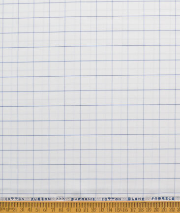 Cotton Fusion Men's Poly Cotton Checks  Unstitched Wrinkle Free Shirting Fabric (White & Blue)