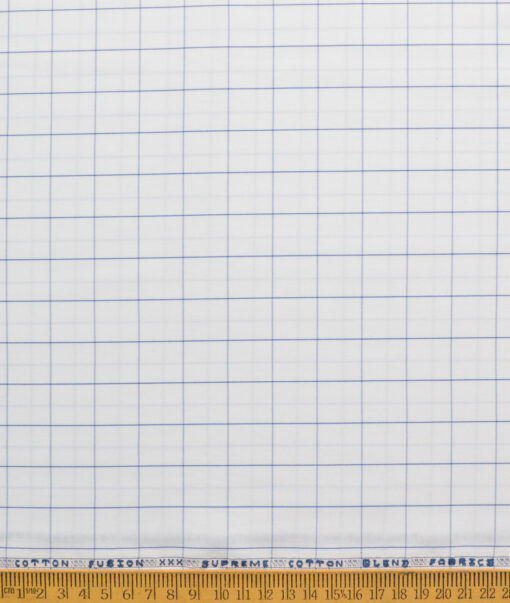 Cotton Fusion Men's Poly Cotton Checks  Unstitched Wrinkle Free Shirting Fabric (White & Blue)