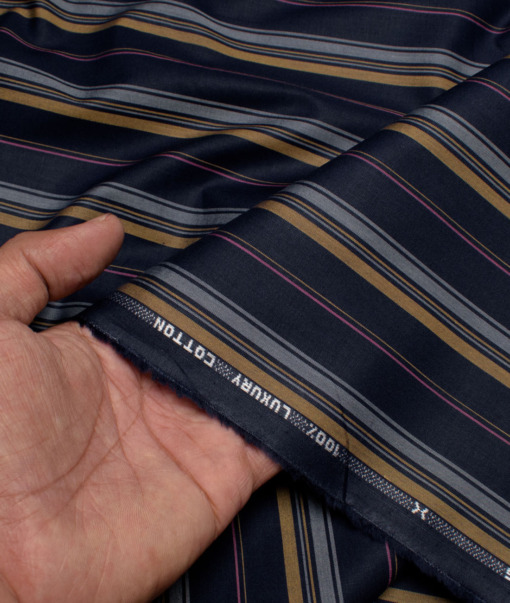 Nemesis Men's  Giza Cotton Striped  Unstitched Shirting Fabric (Dark Blue)