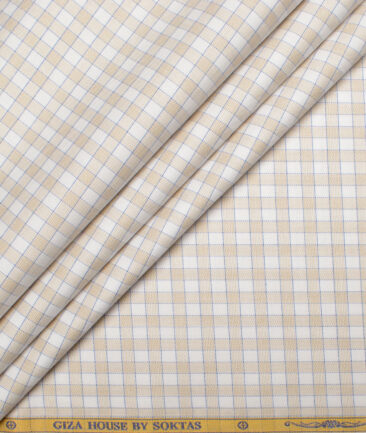 Soktas Men's  Giza Cotton Checks  Unstitched Shirting Fabric (White & Oat Beige)