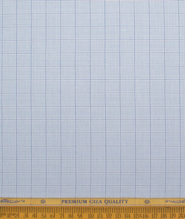 Soktas Men's  Giza Cotton Checks  Unstitched Shirting Fabric (White & Sky Blue)
