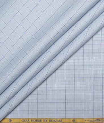 Soktas Men's  Giza Cotton Checks  Unstitched Shirting Fabric (White & Sky Blue)
