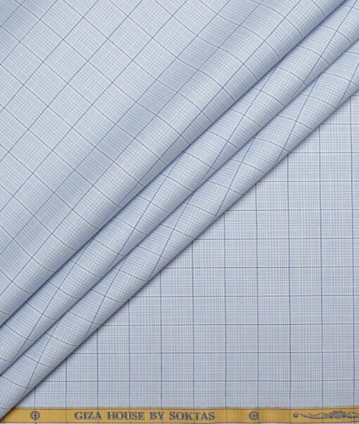 Soktas Men's  Giza Cotton Checks  Unstitched Shirting Fabric (White & Sky Blue)