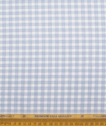 Soktas Men's  Giza Cotton Checks  Unstitched Shirting Fabric (White & Sky Blue)