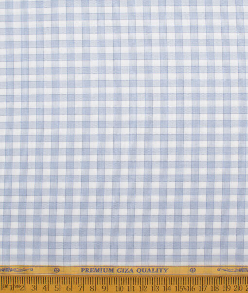 Soktas Men's  Giza Cotton Checks  Unstitched Shirting Fabric (White & Sky Blue)