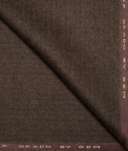 OCM Men's 100% Wool  Herringbone  Unstitched Tweed Fabric for Jacket & Blazer  (Dark Brown)