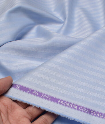 Soktas Men's 100/2 Giza Cotton Striped  Unstitched Shirting Fabric (Light Blue)