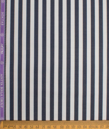 Soktas Men's  Giza Cotton Striped  Unstitched Shirting Fabric (White & Dark Blue)