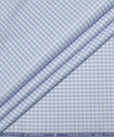 Soktas Men's 120/2 Giza Cotton Checks  Unstitched Shirting Fabric (White & Blue)