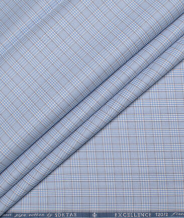 Soktas Men's 120/2 Giza Cotton Checks  Unstitched Shirting Fabric (Sky Blue)
