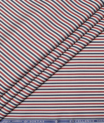 Soktas Men's 140/2 Giza Cotton Striped  Unstitched Shirting Fabric (White & Maroon)
