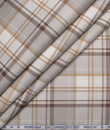 Premier Mills Men's  Giza Cotton Checks  Unstitched Shirting Fabric (White & Brown)