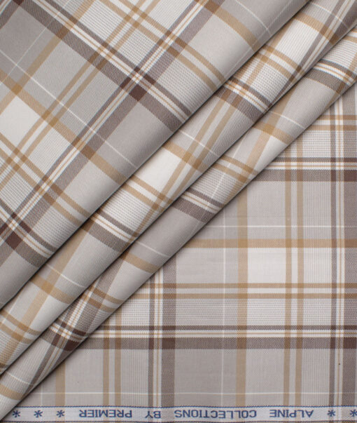 Premier Mills Men's  Giza Cotton Checks  Unstitched Shirting Fabric (White & Brown)