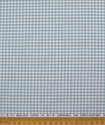Premier Mills Men's  Giza Cotton Checks  Unstitched Shirting Fabric (White & Greyish Blue)