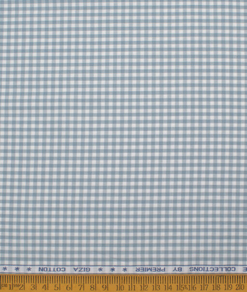 Premier Mills Men's  Giza Cotton Checks  Unstitched Shirting Fabric (White & Greyish Blue)