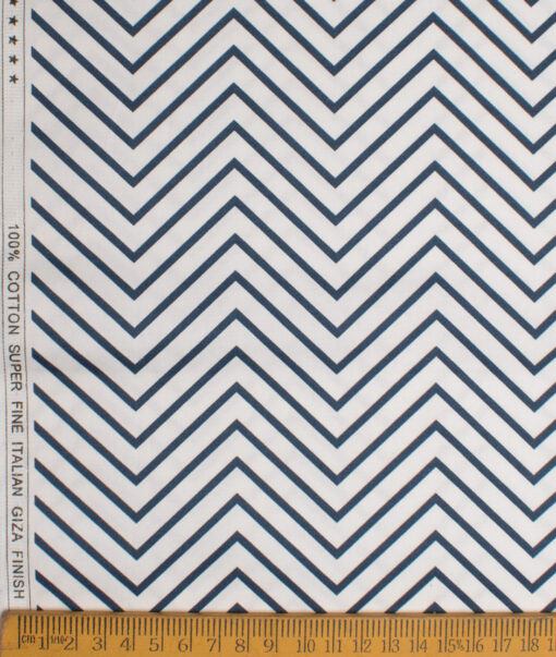 Donzito Men's  Giza Finish Cotton Printed  Unstitched Shirting Fabric (White & Royal Blue)