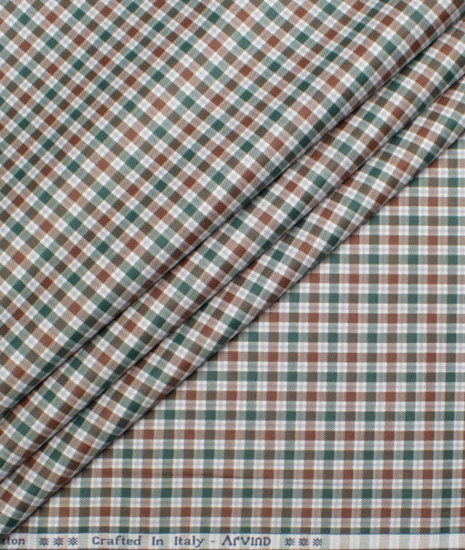 Arvind Men's  Superfine Cotton Checks  Unstitched Shirting Fabric (Green & Brown)