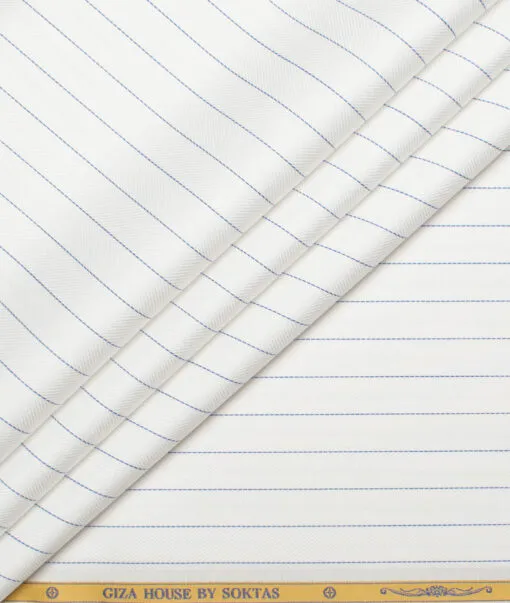 Soktas Men's 80's Giza Cotton Striped  Unstitched Shirting Fabric (White & Blue)