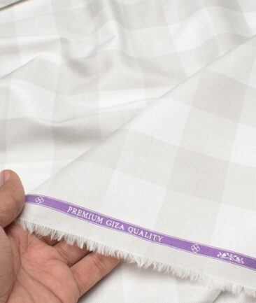 Soktas Men's 80's Giza Cotton Checks  Unstitched Shirting Fabric (White & Grey)