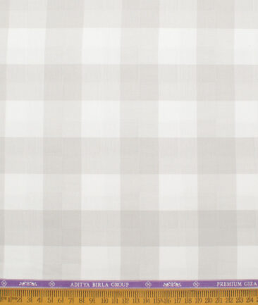 Soktas Men's 80's Giza Cotton Checks  Unstitched Shirting Fabric (White & Grey)