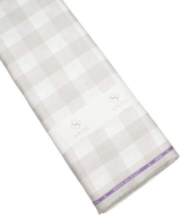 Soktas Men's 80's Giza Cotton Checks  Unstitched Shirting Fabric (White & Grey)