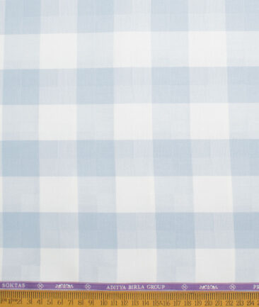 Soktas Men's 80's Giza Cotton Checks  Unstitched Shirting Fabric (White & Sky Blue)