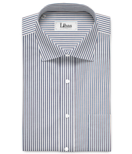Soktas Men's 80's Giza Cotton Striped  Unstitched Shirting Fabric (White & Dark Blue)