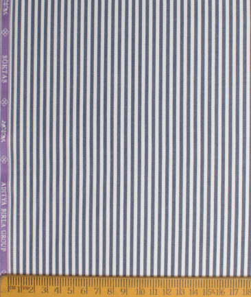 Soktas Men's 80's Giza Cotton Striped  Unstitched Shirting Fabric (White & Dark Blue)