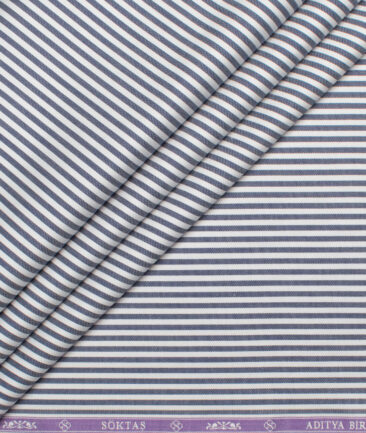 Soktas Men's 80's Giza Cotton Striped  Unstitched Shirting Fabric (White & Dark Blue)