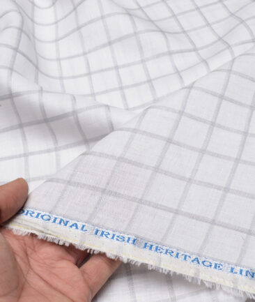 Burgoyne  60 LEA Irish Linen Checks  Unstitched Shirt or Kurta Fabric (White & Grey)