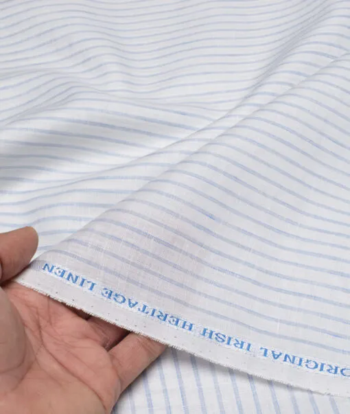 Burgoyne  80 LEA Irish Linen Striped  Unstitched Shirt or Kurta Fabric (White & Blue)
