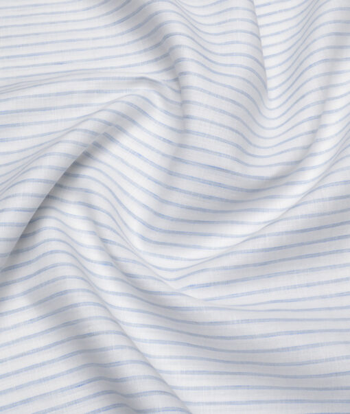 Burgoyne  80 LEA Irish Linen Striped  Unstitched Shirt or Kurta Fabric (White & Blue)