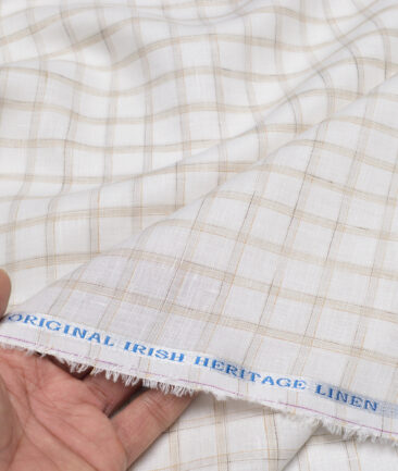 Burgoyne  80 LEA Irish Linen Checks  Unstitched Shirt or Kurta Fabric (White & Light Brown)