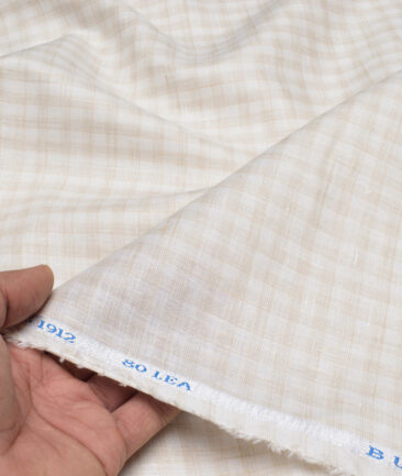 Burgoyne  80 LEA Irish Linen Checks  Unstitched Shirt or Kurta Fabric (White & Light Brown)