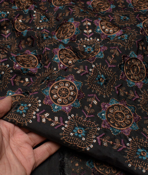 Absoluto  Faux Silk  Embroidered  Ethnic Suiting Fabric (Black)