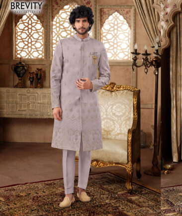 Brevity  Faux Silk  Embroidered  Ethnic Suiting Fabric (Pastel Purple)