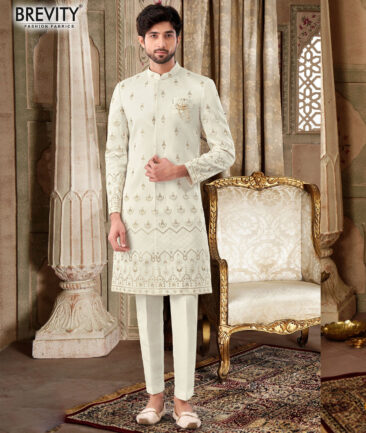 Brevity  Faux Silk  Embroidered  Ethnic Suiting Fabric (Off-White)