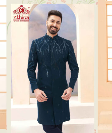 Ethina  Terry Rayon  Embroidered  Ethnic Suiting Fabric (Dark Ocean Blue)