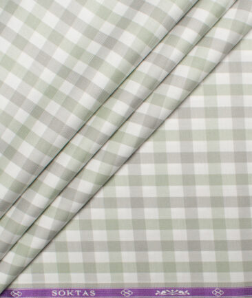 Soktas  Giza Cotton Checks Shirting Fabric (White & Green)
