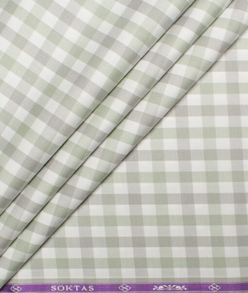 Soktas  Giza Cotton Checks Shirting Fabric (White & Green)