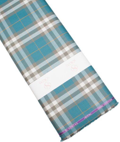 Soktas  Giza Cotton Checks Shirting Fabric (Deep Aqua Blue)