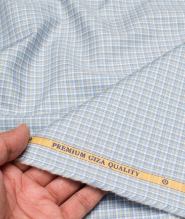 Soktas  Giza Cotton Checks Shirting Fabric (White & Sky Blue)