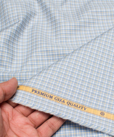 Soktas  Giza Cotton Checks Shirting Fabric (White & Sky Blue)