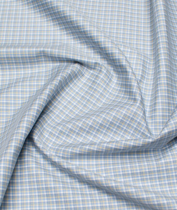Soktas  Giza Cotton Checks Shirting Fabric (White & Sky Blue)