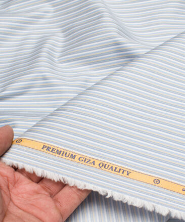 Soktas  Giza Cotton Striped Shirting Fabric (White & Sky Blue)
